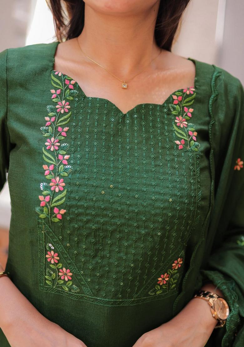 Green Weaving Work Cotton Kurta Set - Indya