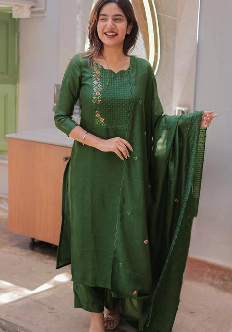 Green Weaving Work Cotton Kurta Set