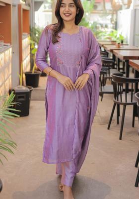 Lavender Weaving Work Cotton Kurta Set