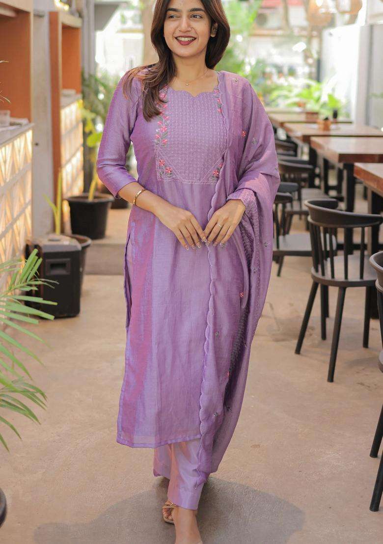 Lavender Weaving Work Cotton Kurta Set - Indya