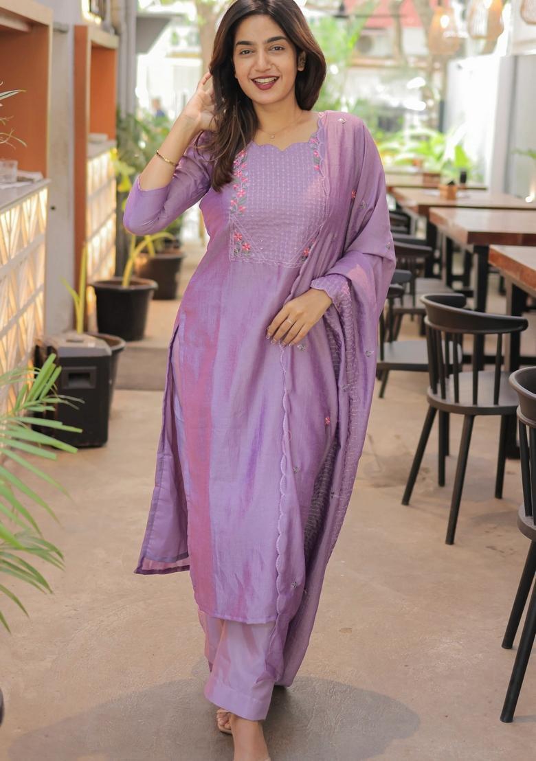 Lavender Weaving Work Cotton Kurta Set - Indya