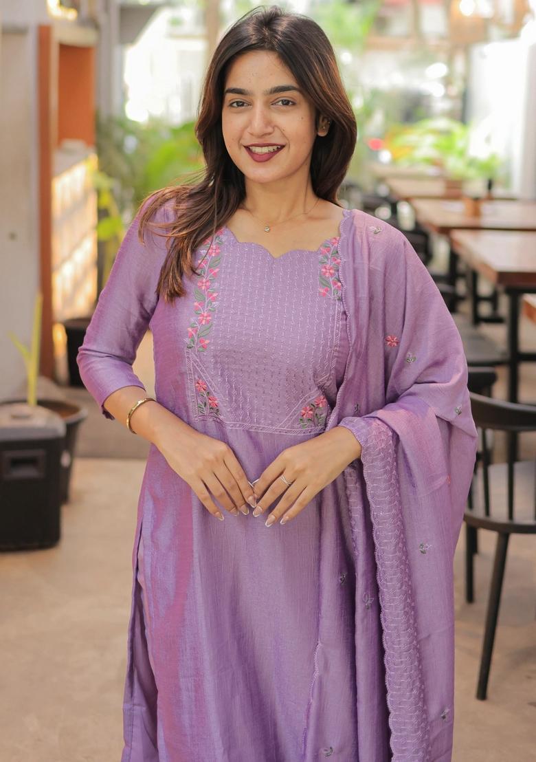 Lavender Weaving Work Cotton Kurta Set - Indya