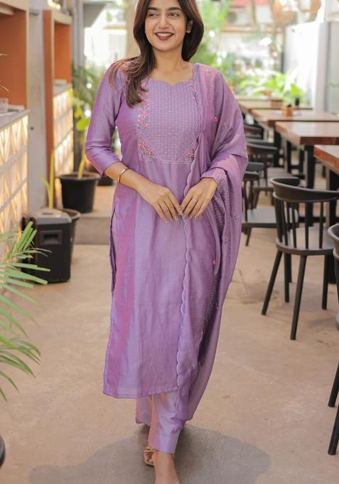 Lavender Weaving Work Cotton Kurta Set