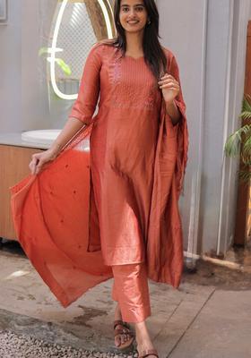 Orange Weaving Work Cotton Kurta Set