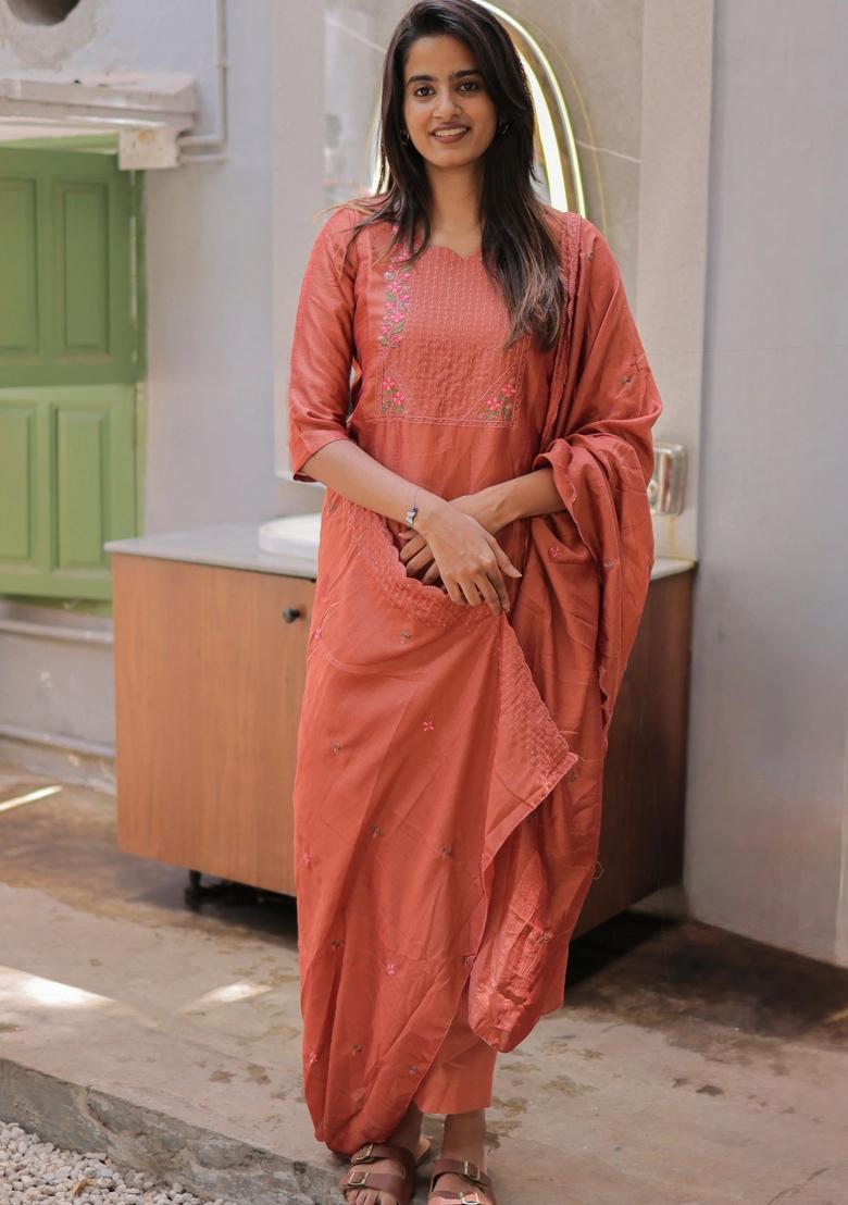 Orange Weaving Work Cotton Kurta Set - Indya