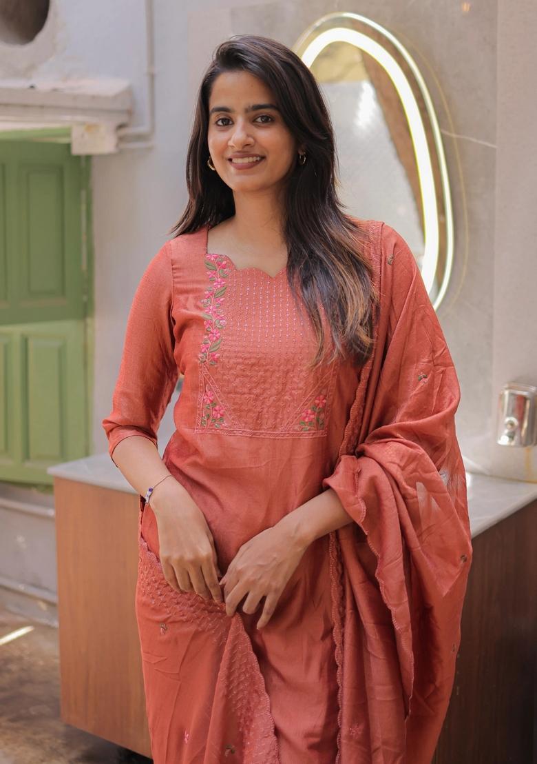 Orange Weaving Work Cotton Kurta Set - Indya