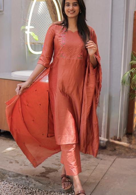 Orange Weaving Work Cotton Kurta Set