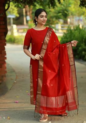 Red Weaving Work Cotton Kurta Set