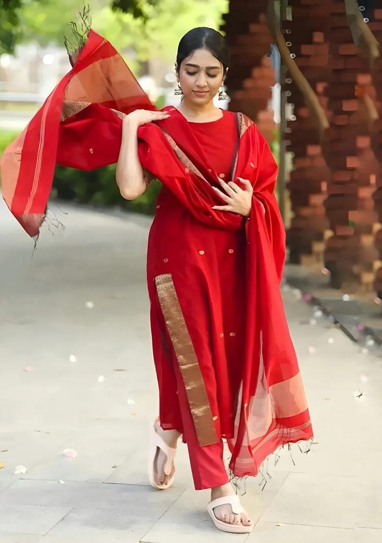 Red Weaving Work Cotton Kurta Set - Indya