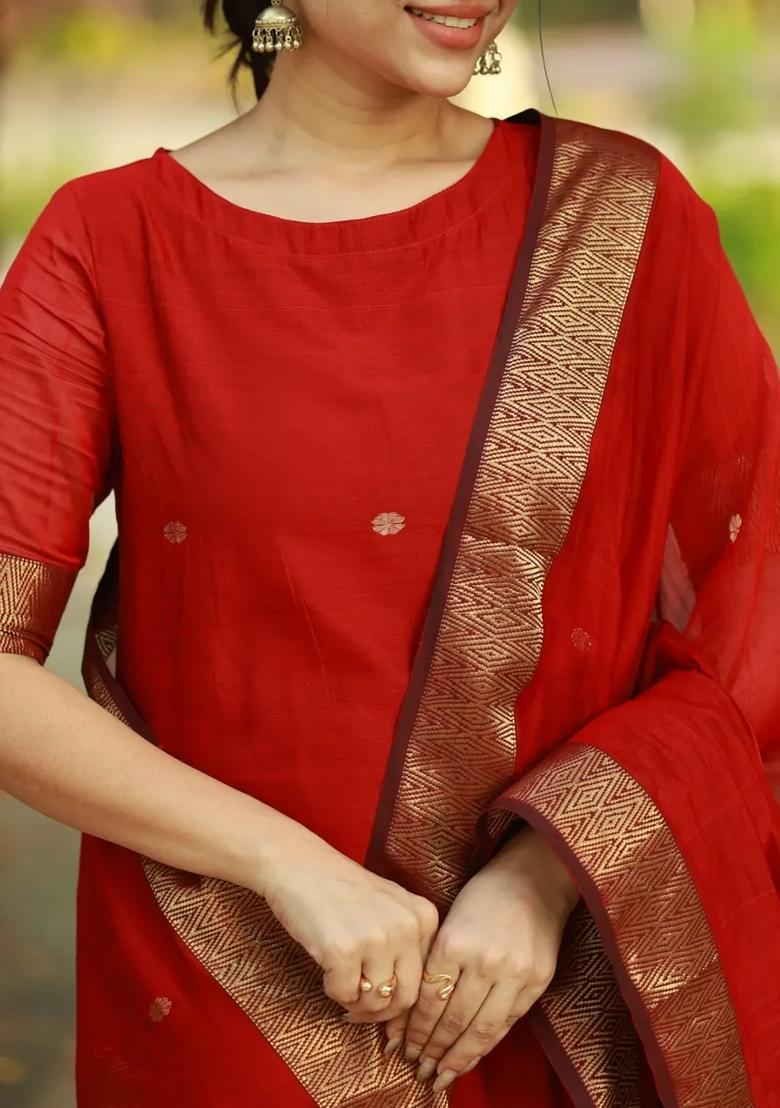 Red Weaving Work Cotton Kurta Set - Indya