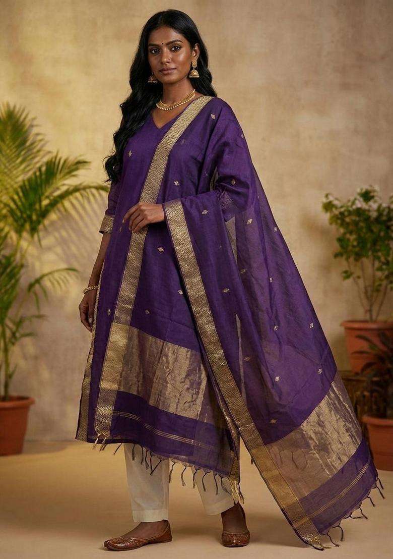 Violet Weaving Work Cotton Kurta Set - Indya