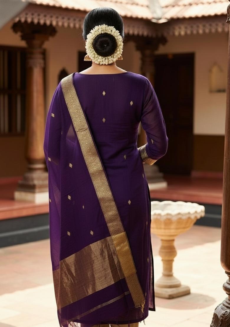 Violet Weaving Work Cotton Kurta Set - Indya