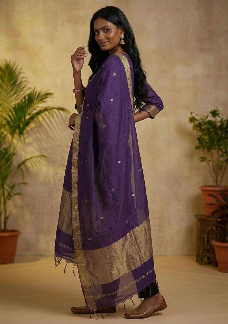 Violet Weaving Work Cotton Kurta Set - Indya
