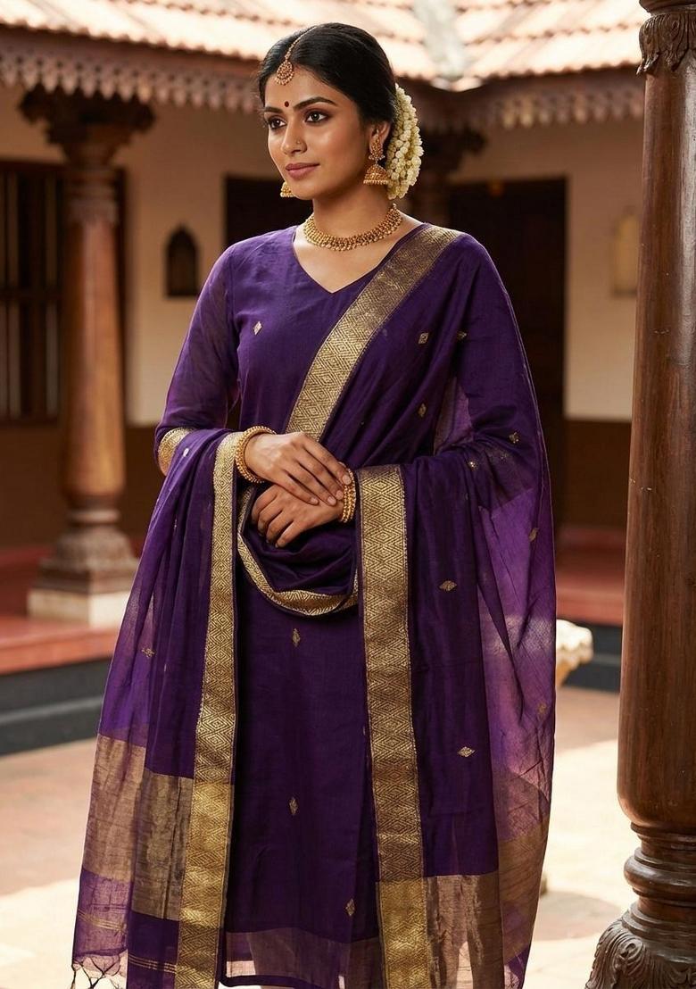 Violet Weaving Work Cotton Kurta Set - Indya