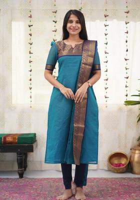 Firozi Weaving Work Cotton Kurta Set