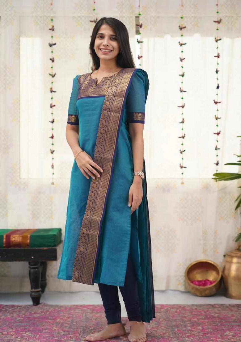 Firozi Weaving Work Cotton Kurta Set - Indya