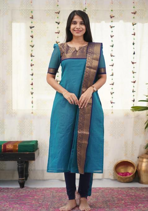 Firozi Weaving Work Cotton Kurta Set