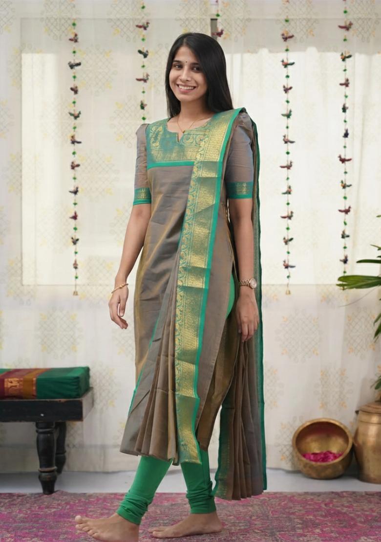 Grey Weaving Work Cotton Kurta Set - Indya