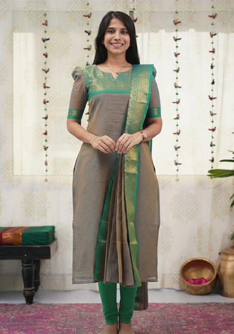 Grey Weaving Work Cotton Kurta Set