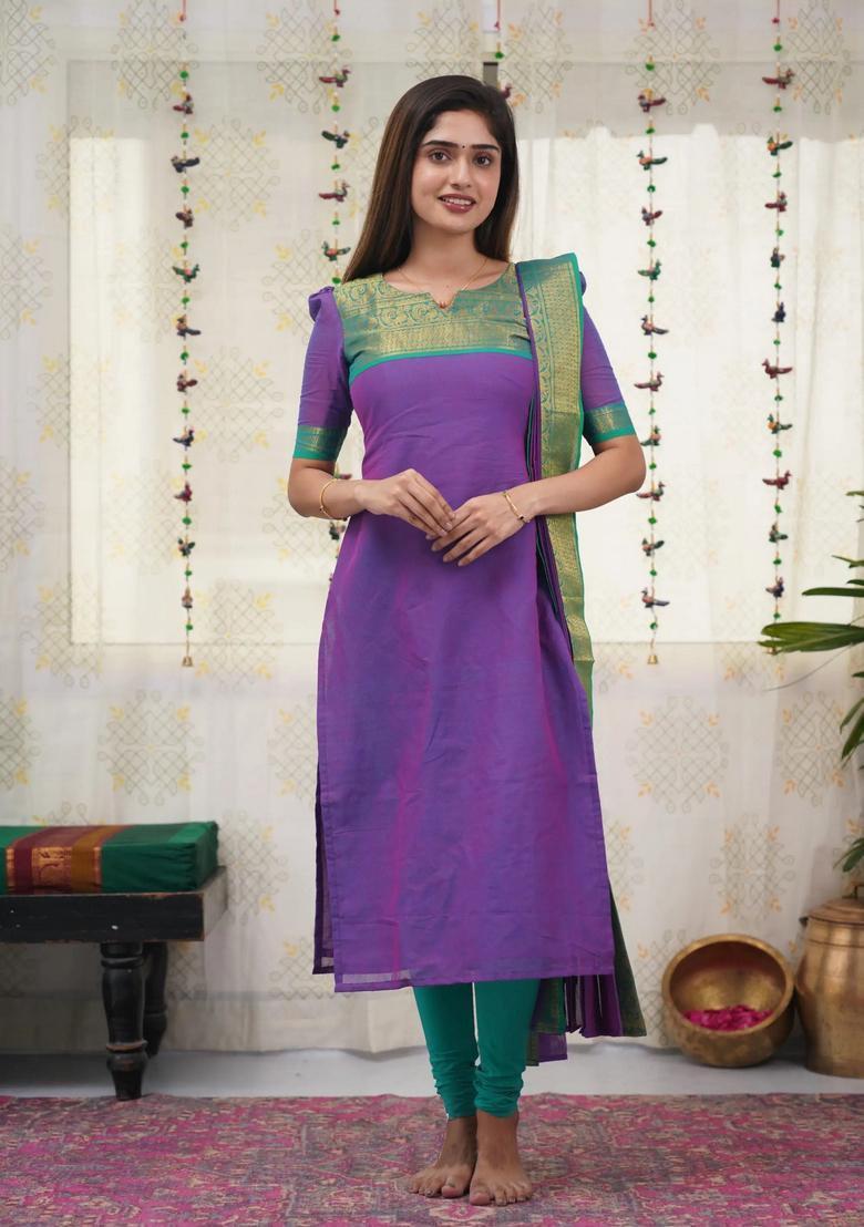 Wine Weaving Work Cotton Kurta Set - Indya
