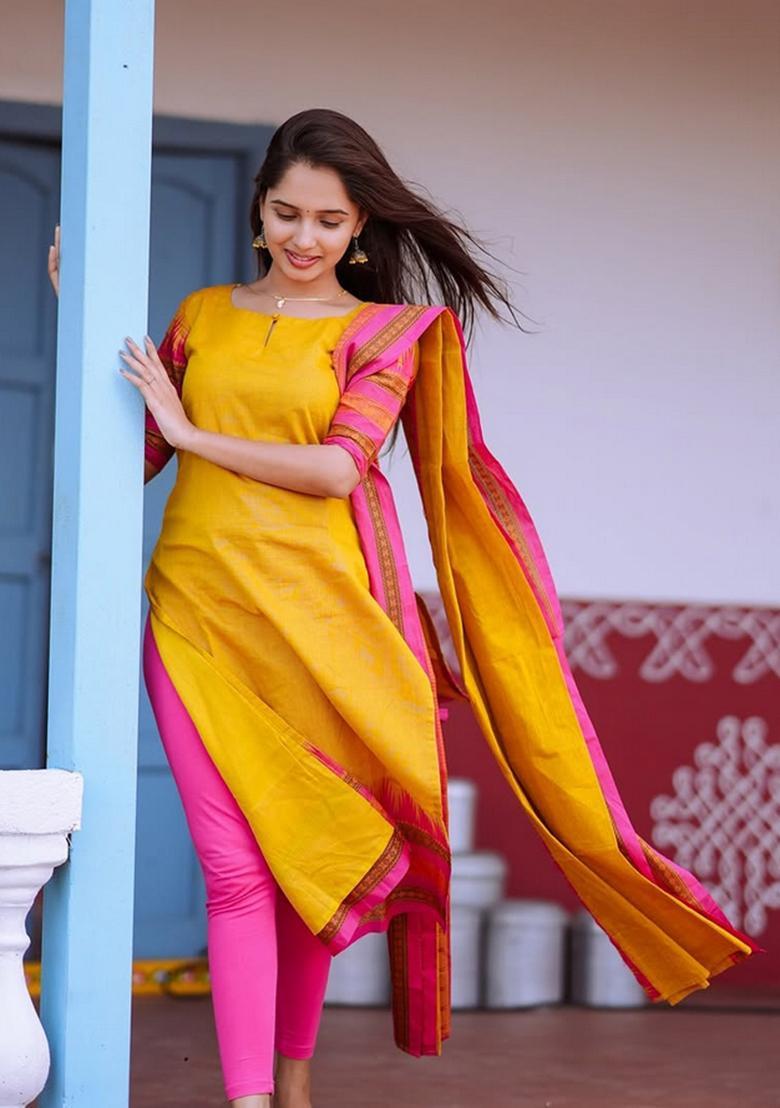 Yellow Weaving Work Cotton Kurta Set - Indya