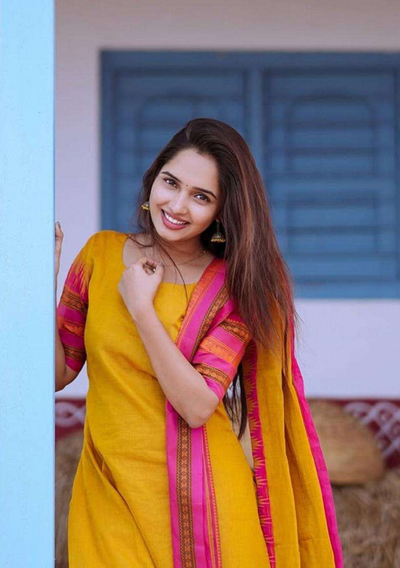 Yellow Weaving Work Cotton Kurta Set - Indya