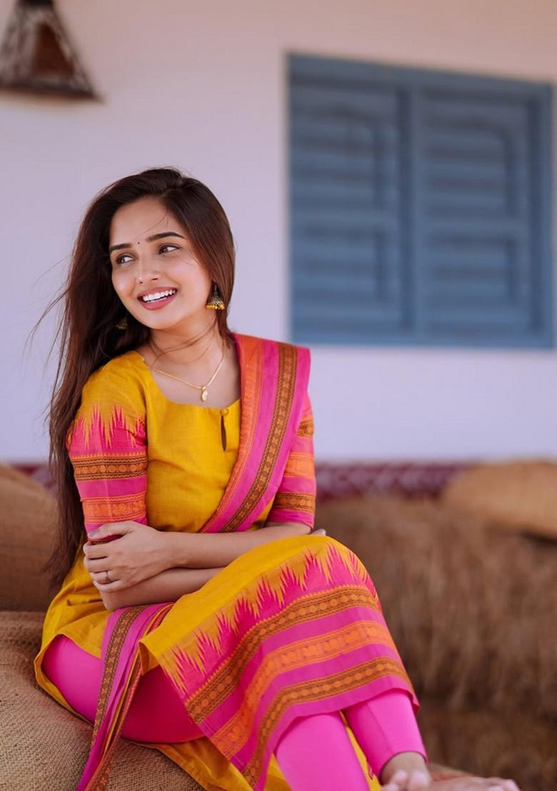 Yellow Weaving Work Cotton Kurta Set - Indya