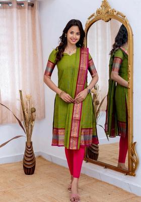 Green Weaving Work Cotton Kurta Set