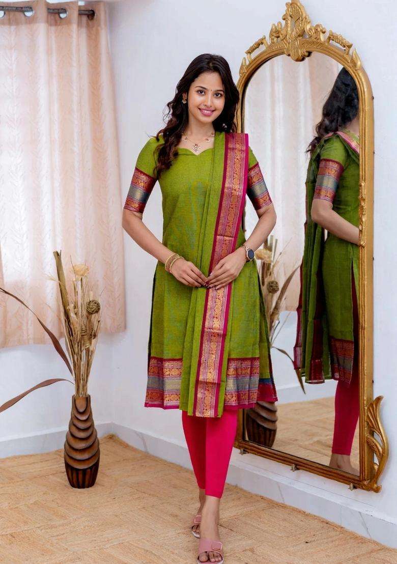 Green Weaving Work Cotton Kurta Set - Indya