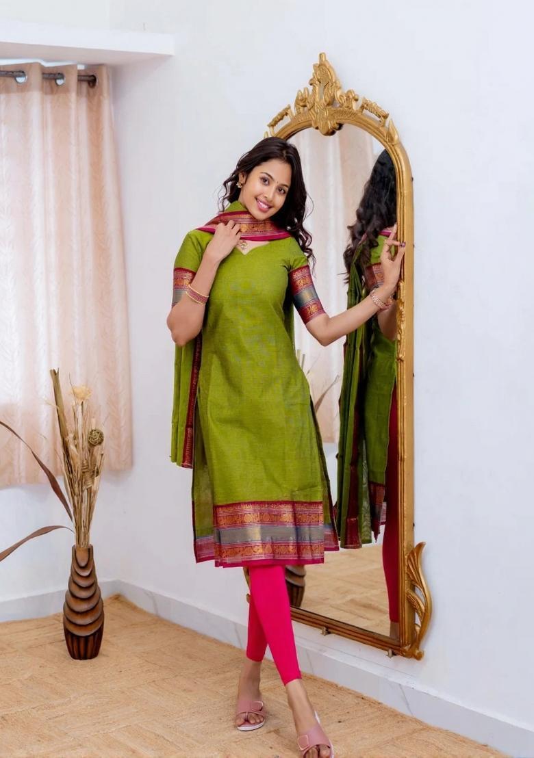 Green Weaving Work Cotton Kurta Set - Indya