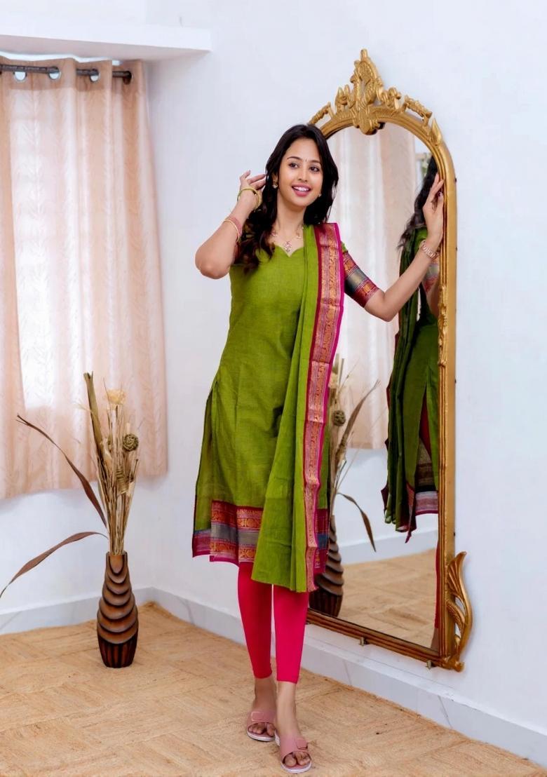 Green Weaving Work Cotton Kurta Set - Indya