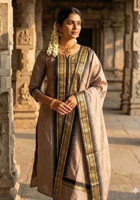 Coffee Weaving Work Cotton Kurta Set