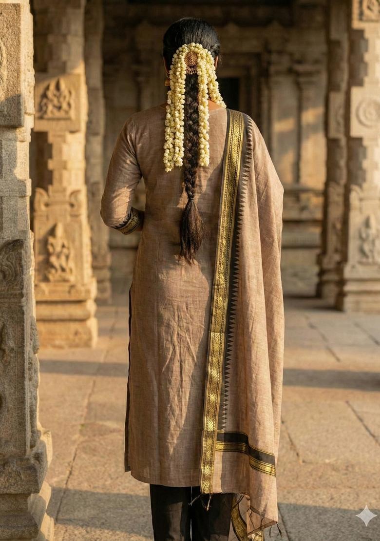 Coffee Weaving Work Cotton Kurta Set - Indya