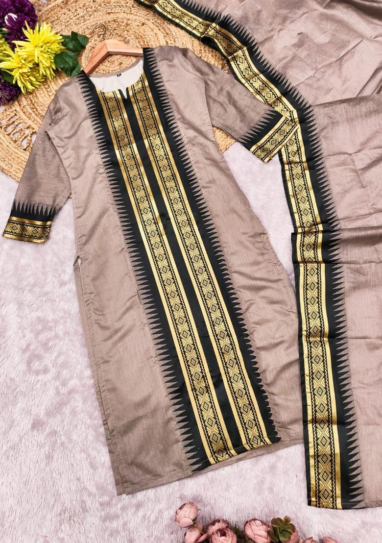 Coffee Weaving Work Cotton Kurta Set - Indya