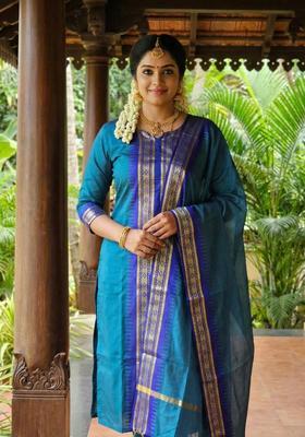 Firozi Weaving Work Cotton Kurta Set