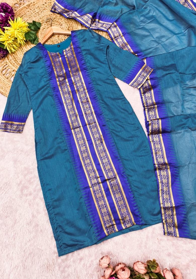 Firozi Weaving Work Cotton Kurta Set - Indya