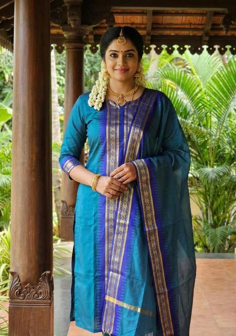 Firozi Weaving Work Cotton Kurta Set