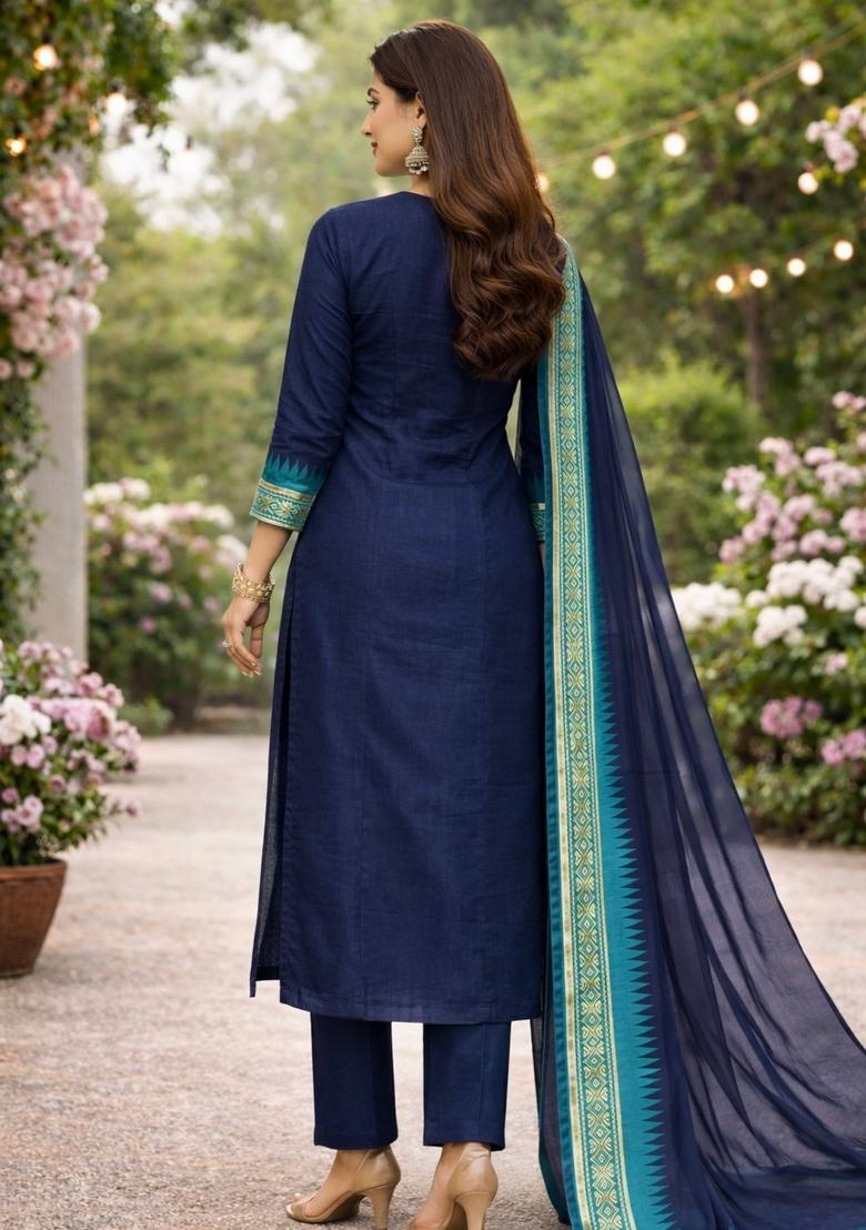 Blue Weaving Work Cotton Kurta Set - Indya
