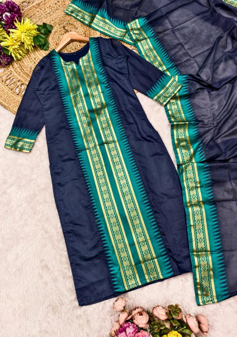 Blue Weaving Work Cotton Kurta Set - Indya