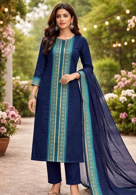 Blue Weaving Work Cotton Kurta Set