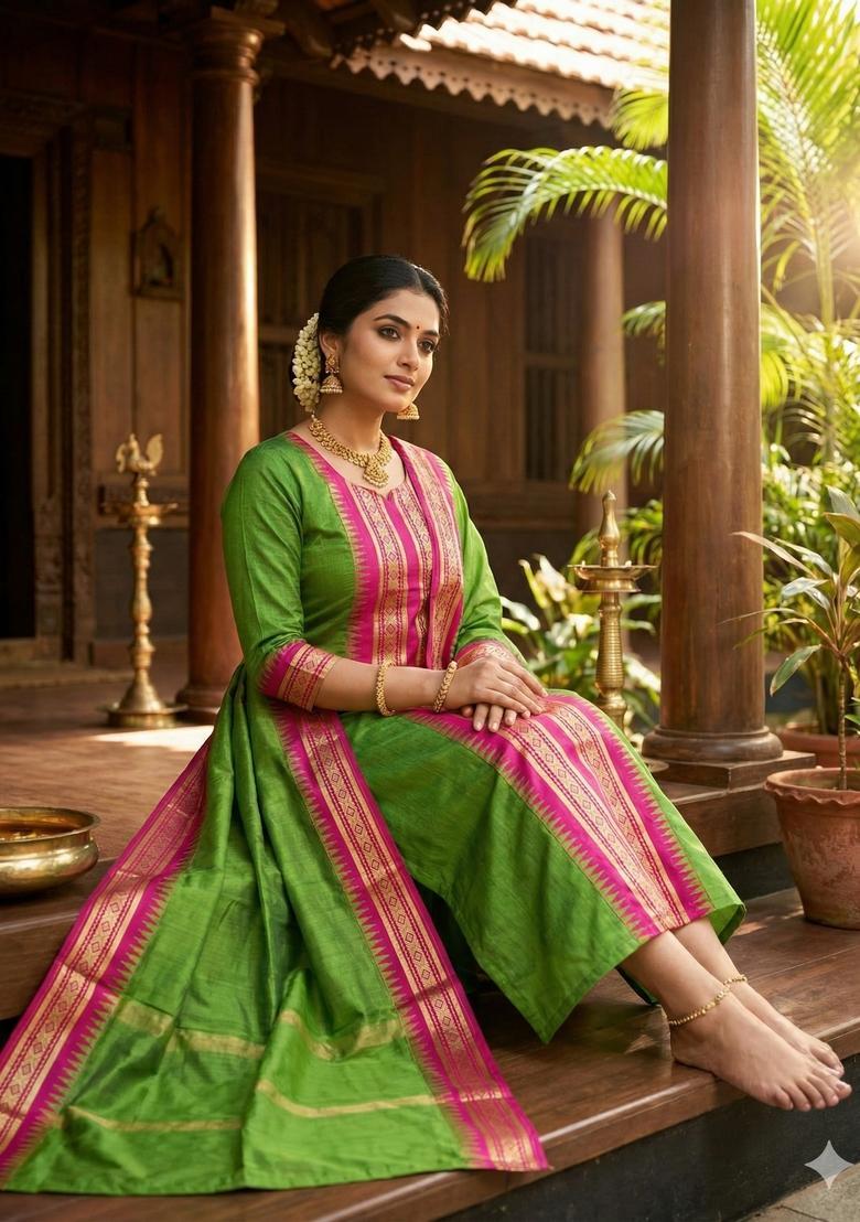 Parrot Weaving Work Cotton Kurta Set - Indya