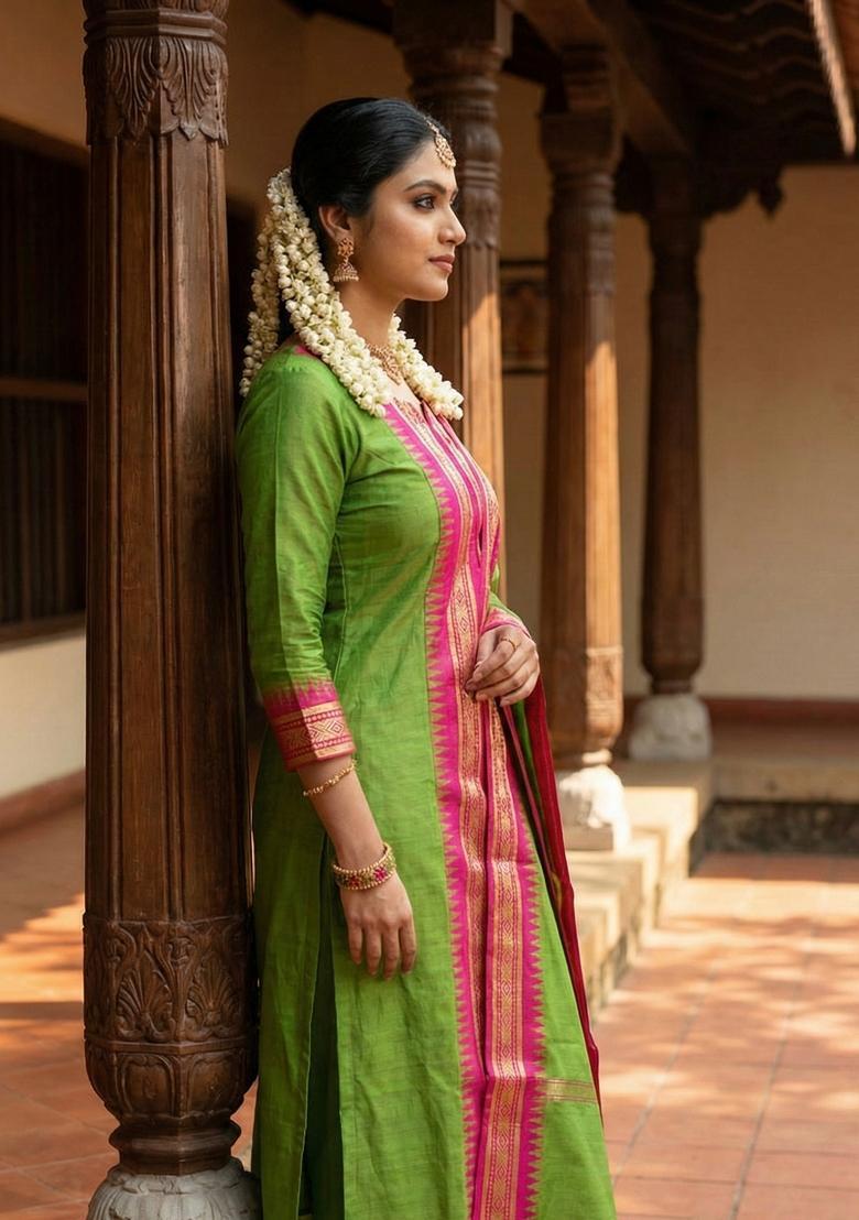 Parrot Weaving Work Cotton Kurta Set - Indya