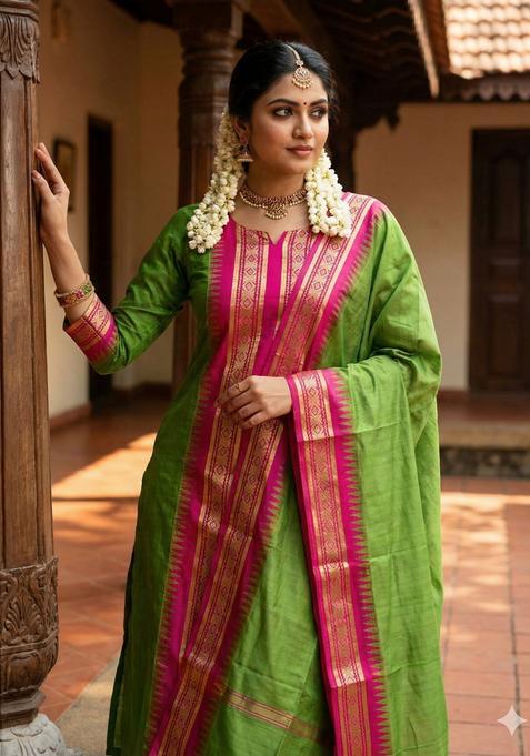 Parrot Weaving Work Cotton Kurta Set