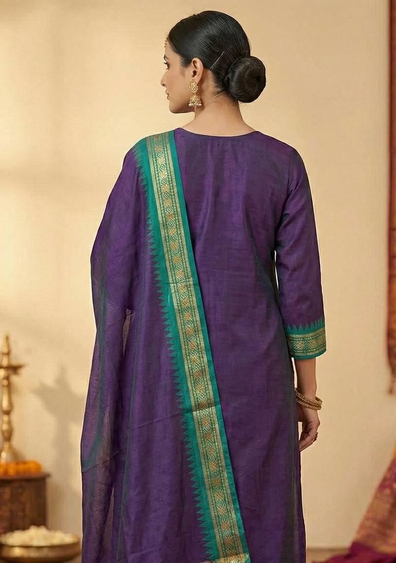 Wine Weaving Work Cotton Kurta Set - Indya