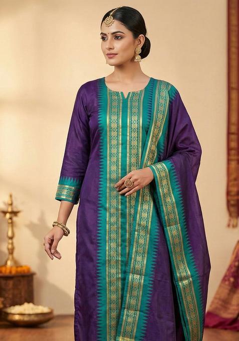 Wine Weaving Work Cotton Kurta Set