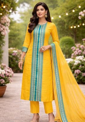 Yellow Weaving Work Cotton Kurta Set