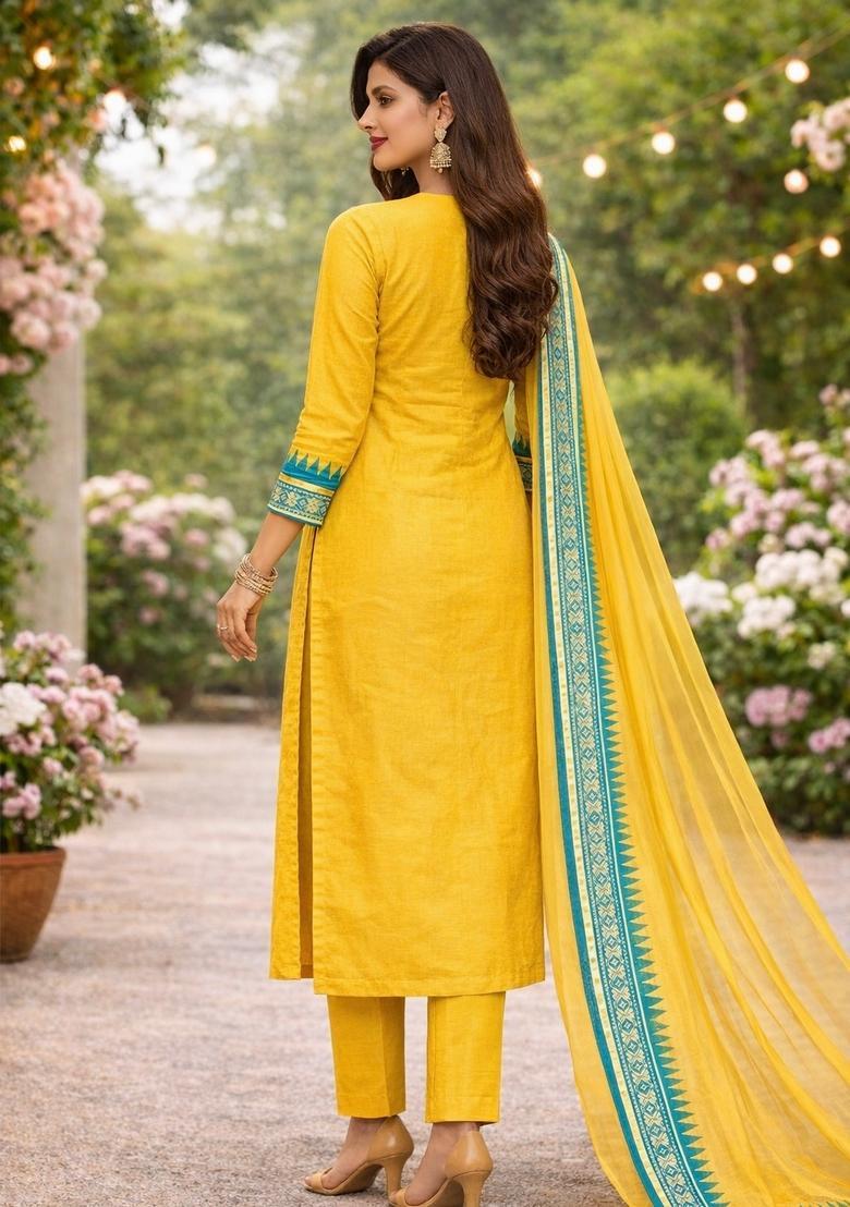 Yellow Weaving Work Cotton Kurta Set - Indya