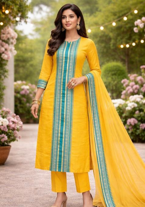 Yellow Weaving Work Cotton Kurta Set
