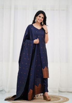 Blue Weaving Work Cotton Kurta Set
