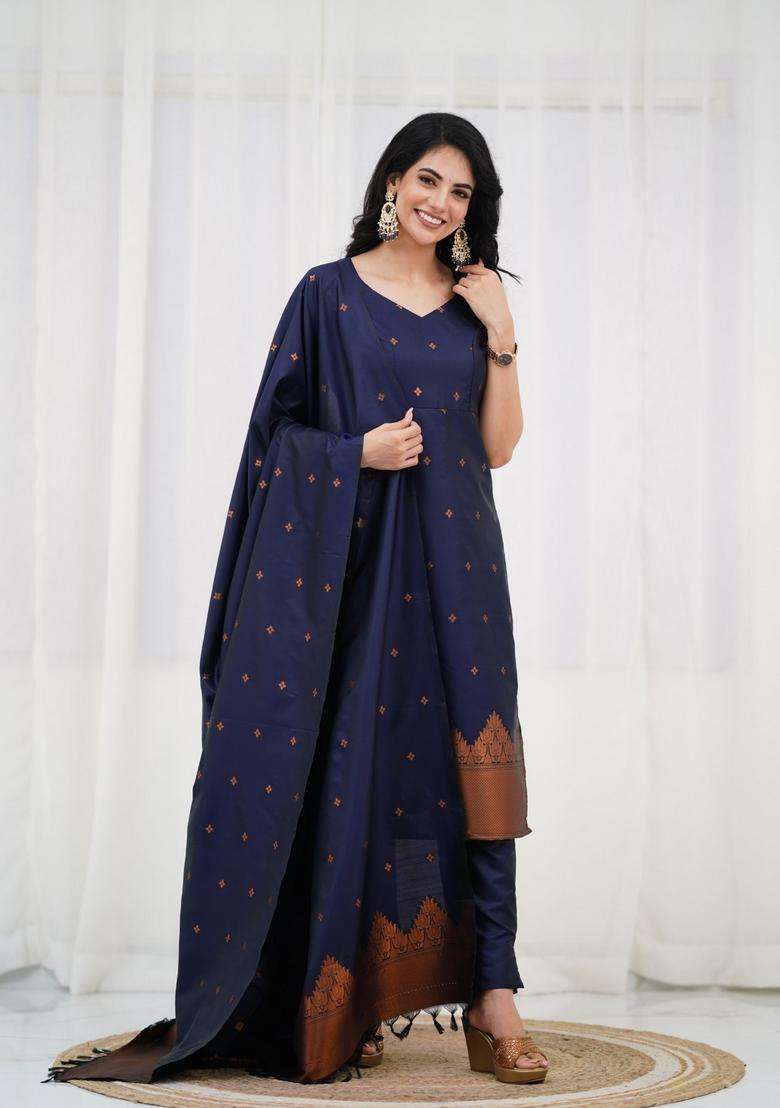 Blue Weaving Work Cotton Kurta Set - Indya